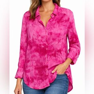 Velvet Heart Pink Tie Dye Button Front Blouse Size M Rayon Long Sleeve